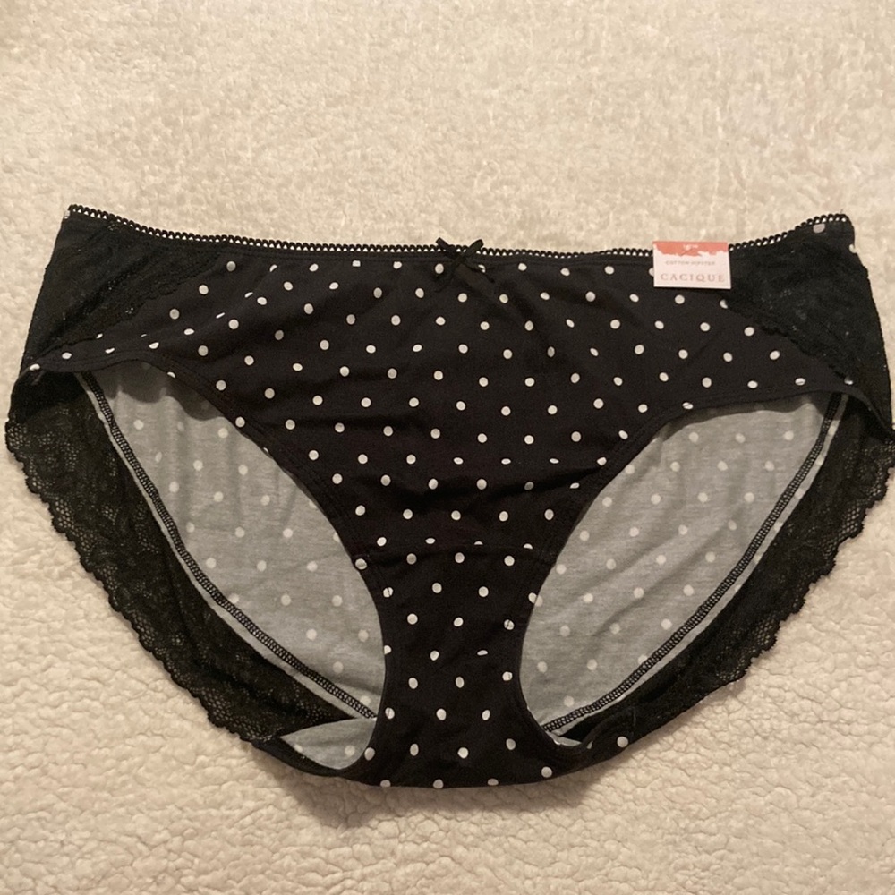 NWT Cacique black/white dot Cotton Hipster lace trimmed back panties Size 14/16